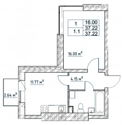 Однокомнатная квартира 38.01 м²
