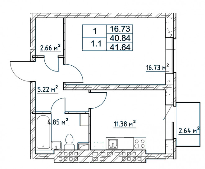Однокомнатная квартира 41.64 м²