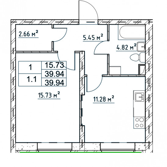 Однокомнатная квартира 39.94 м²