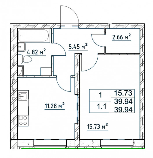 Однокомнатная квартира 39.94 м²
