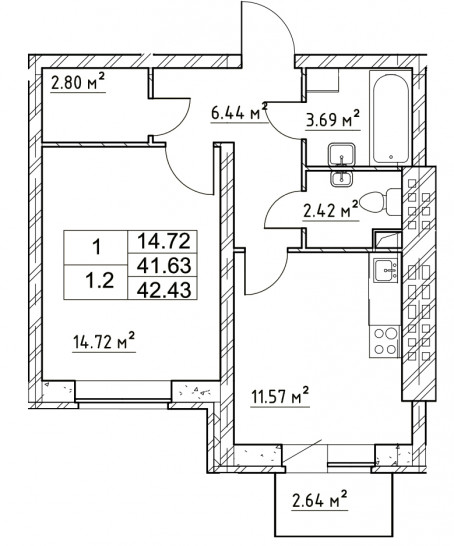 Однокомнатная квартира 42.42 м²