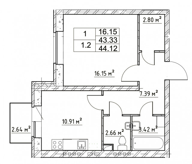 Однокомнатная квартира 44.12 м²