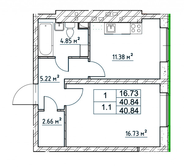 Однокомнатная квартира 40.84 м²