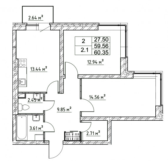 Двухкомнатная квартира 60.35 м²
