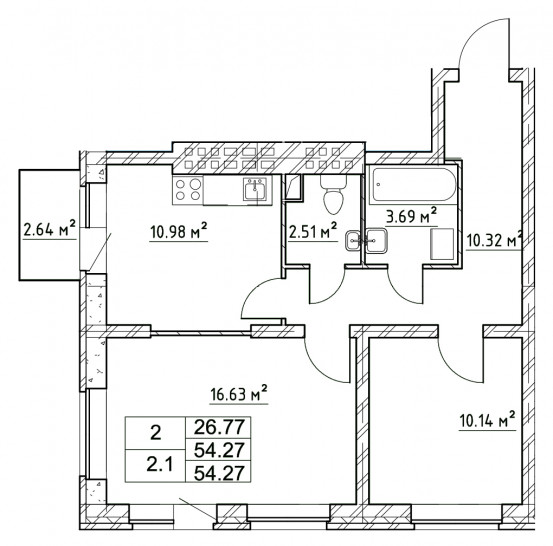 Двухкомнатная квартира 55.06 м²