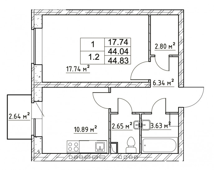 Однокомнатная квартира 44.83 м²