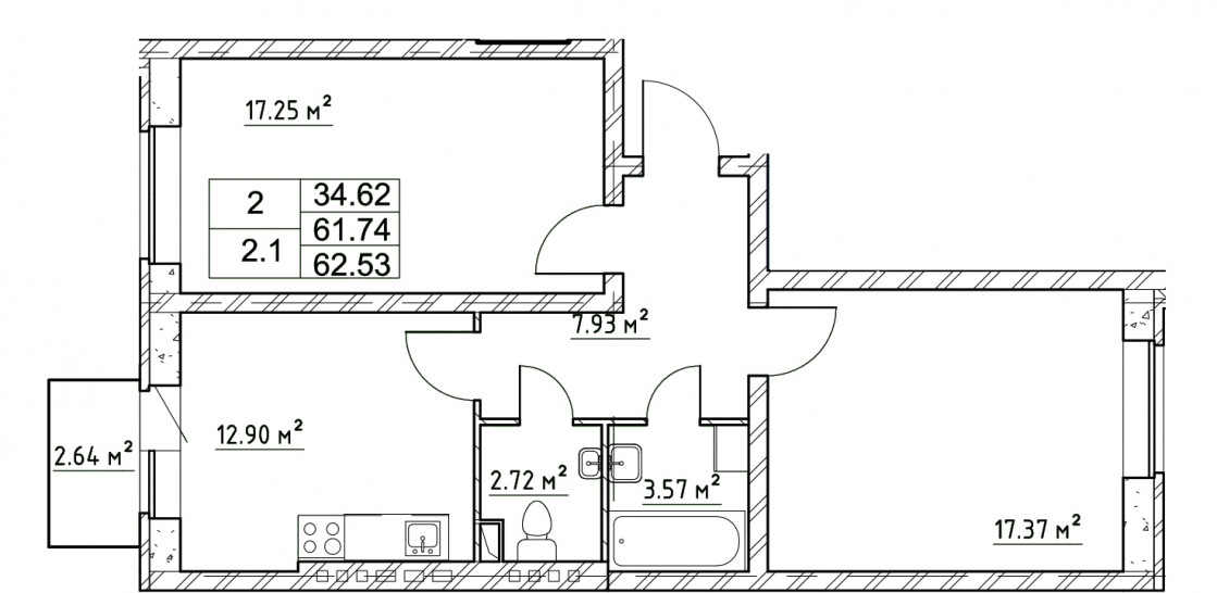 Двухкомнатная квартира 62.53 м²