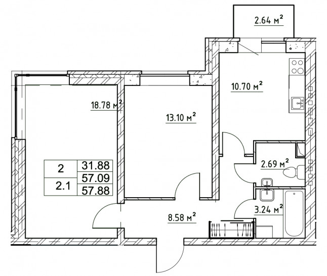 Двухкомнатная квартира 57.88 м²