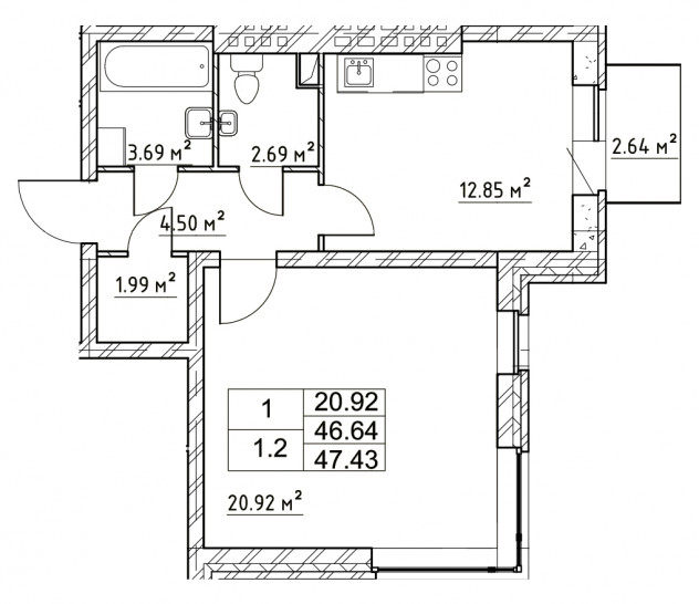 Однокомнатная квартира 47.43 м²