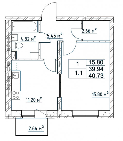 Однокомнатная квартира 40.73 м²
