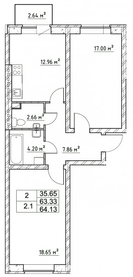 Двухкомнатная квартира 64.12 м²
