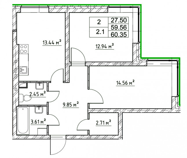 Двухкомнатная квартира 59.56 м²