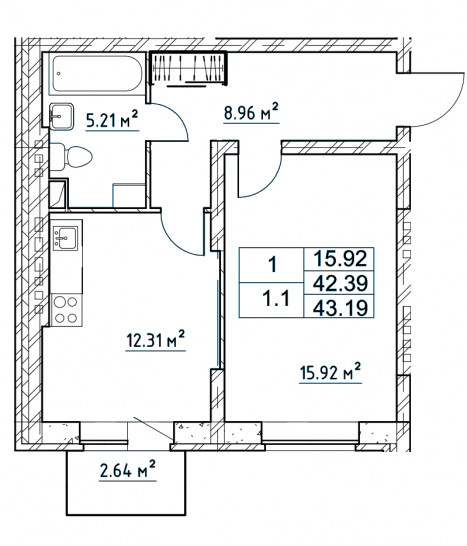 Однокомнатная квартира 43.18 м²