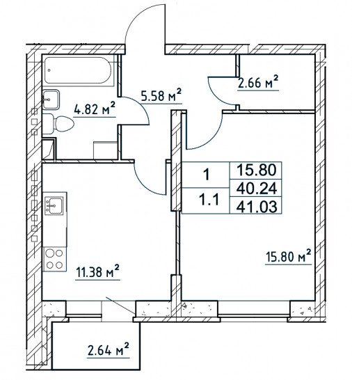 Однокомнатная квартира 41.03 м²