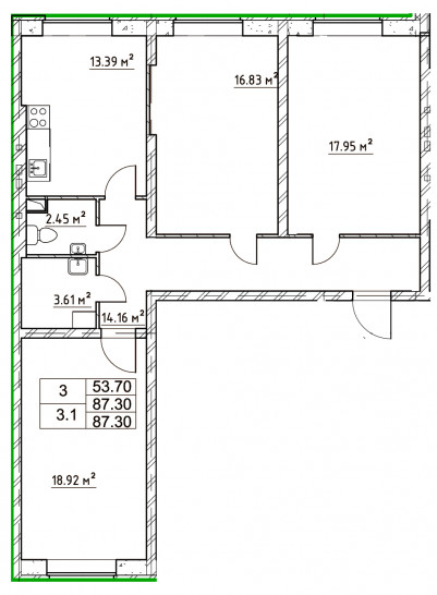 Трёхкомнатная квартира 87.3 м²