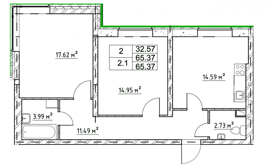 Двухкомнатная квартира 64.67 м²