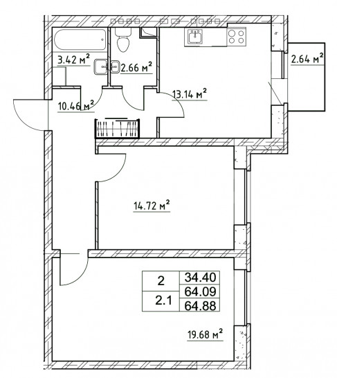 Двухкомнатная квартира 64.88 м²