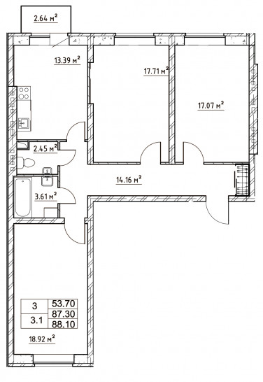Трёхкомнатная квартира 88.09 м²