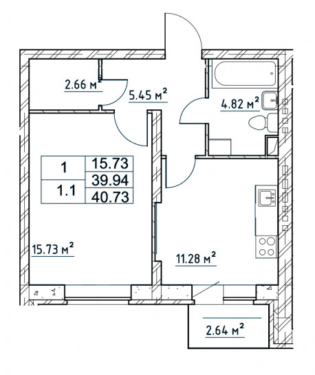 Однокомнатная квартира 40.73 м²