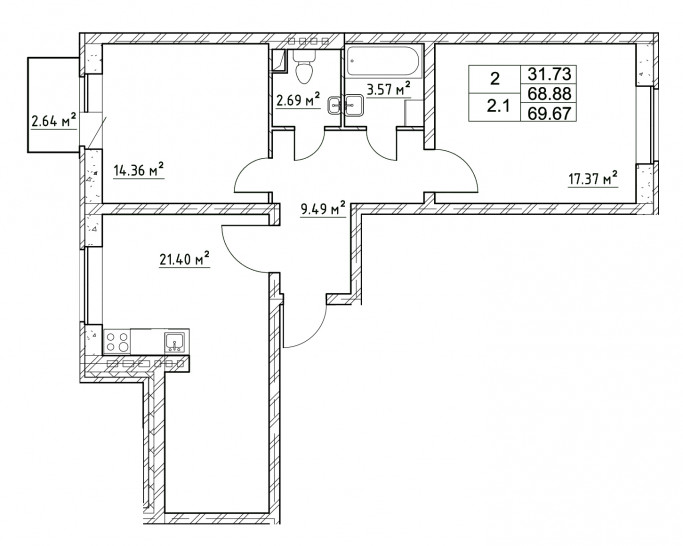 Двухкомнатная квартира 69.67 м²