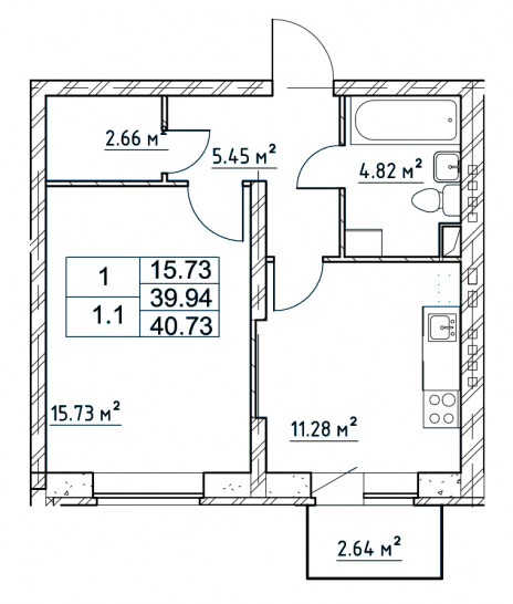 Однокомнатная квартира 40.73 м²