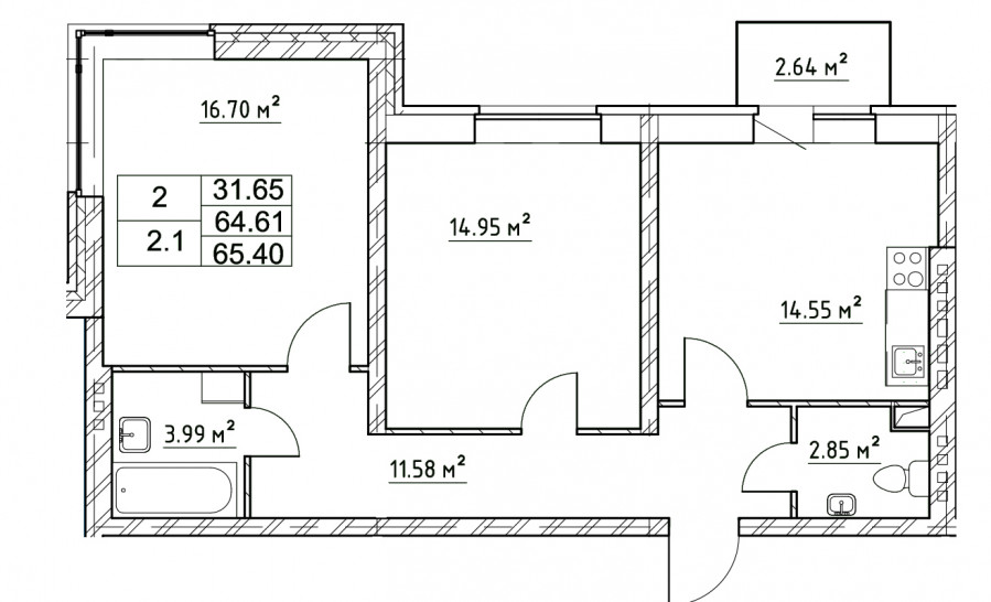 Двухкомнатная квартира 65.4 м²