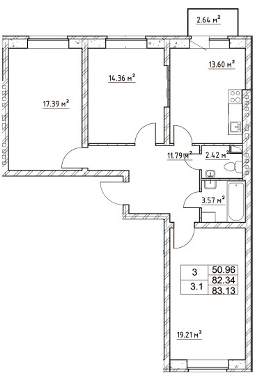 Трёхкомнатная квартира 83.13 м²