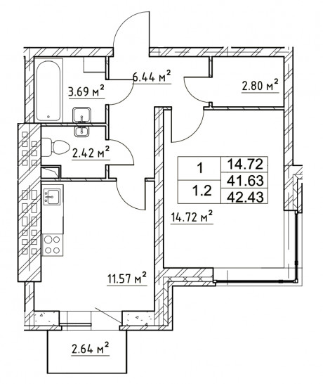 Однокомнатная квартира 42.42 м²