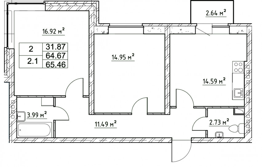 Двухкомнатная квартира 65.46 м²
