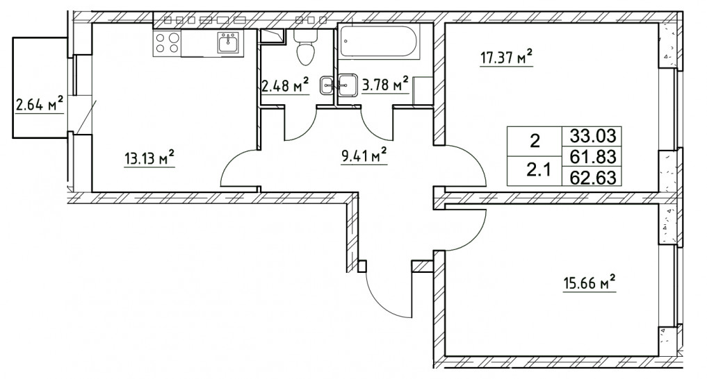 Двухкомнатная квартира 62.62 м²