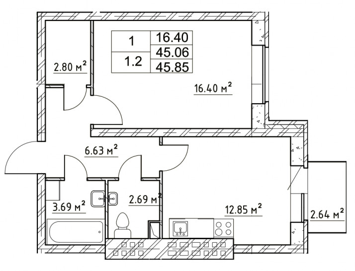 Однокомнатная квартира 45.85 м²