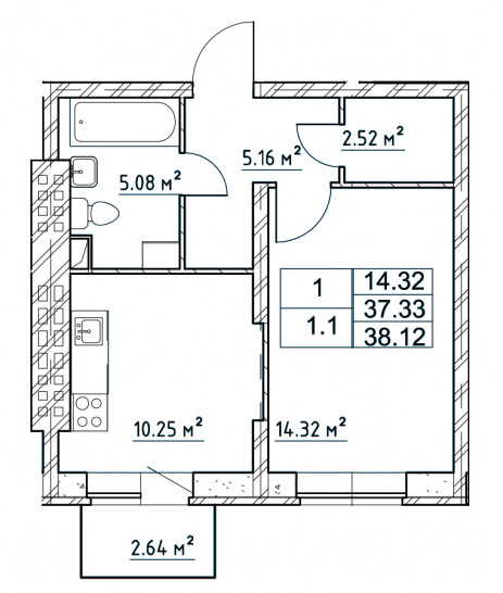 Однокомнатная квартира 38.12 м²